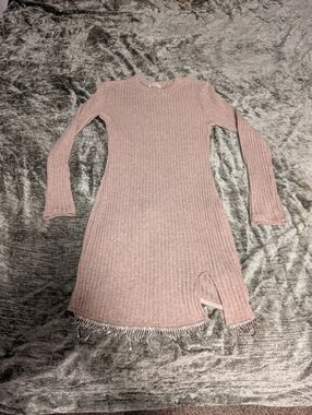 Ribbed Long Sleeve Knit Dress with Beaded Fringe - Beige